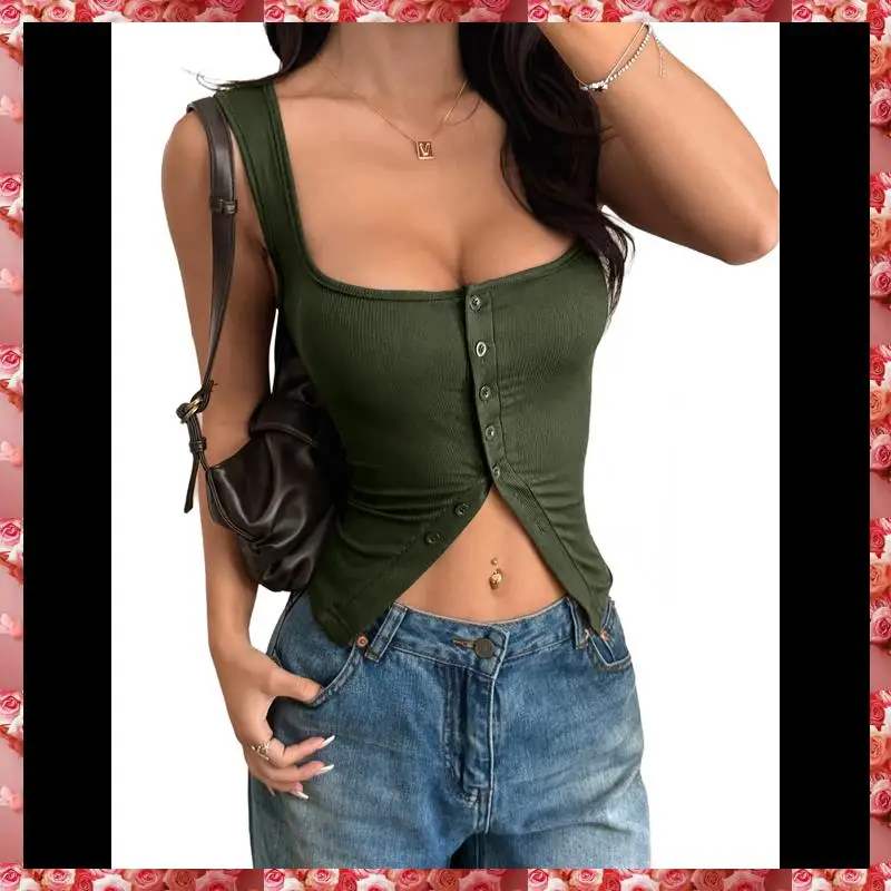 Womens Square Neck Button Down Ribbed Tank Tops Cute Sleeveless Summer Tops