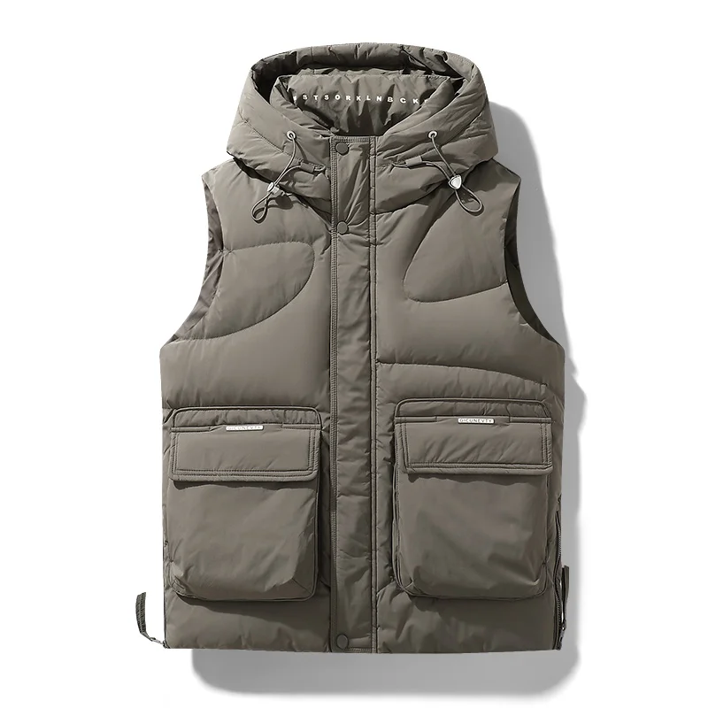 Outdoor tooling down vest, autumn and winter large pockets thickened warm hooded vest coat, 2024 youth sleeveless vest