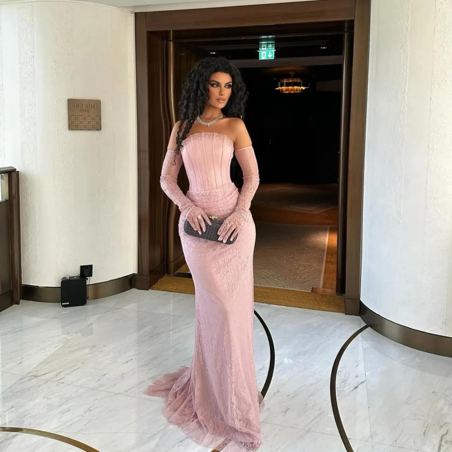 

Customized Pink Style Matching Lace Ruched Mermaid Strapless Long Dresses Bespoke Occasion Dresses Sizes Available Elegant