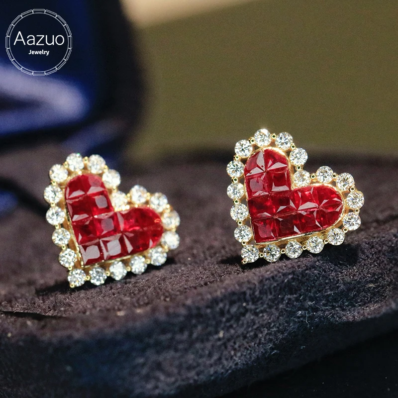 Aazuo 100% 18K Solid Yellow Gold Natural Ruby Real Diamonds Lovely Star Stud Earrings Gifted For Women Engagement Wedding Party