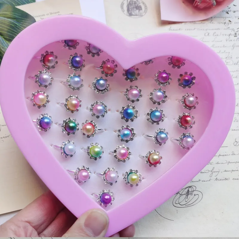 12Pcs/set Fancy Adjustable Rhinestone Rings Princess Party Favors Kids Girls Pearl Flower Ring Accessories Gift Without Box