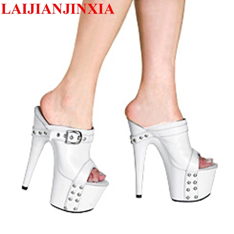 LAIJIANJINXIA New 17CM/7inches PU Upper Fashion Sexy Exotic High Heel Platform Party Women Slippers Pole Dance Shoes G-075