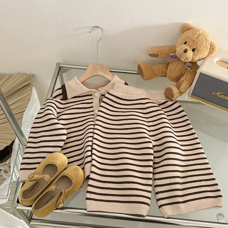 New Arrival Spring Autumn Baby Girls Clothes Set Brown Striped Turndown Collar Knitted Sweaters Coats Cardigans Wide Leg Pants