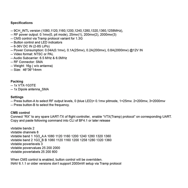 1.2Ghz 1.3Ghz 2W VTX Video Transmitter VTX-1G3TE 2000Mw 9 Channels With Tramp VTX Control For FPV Long Range Drones