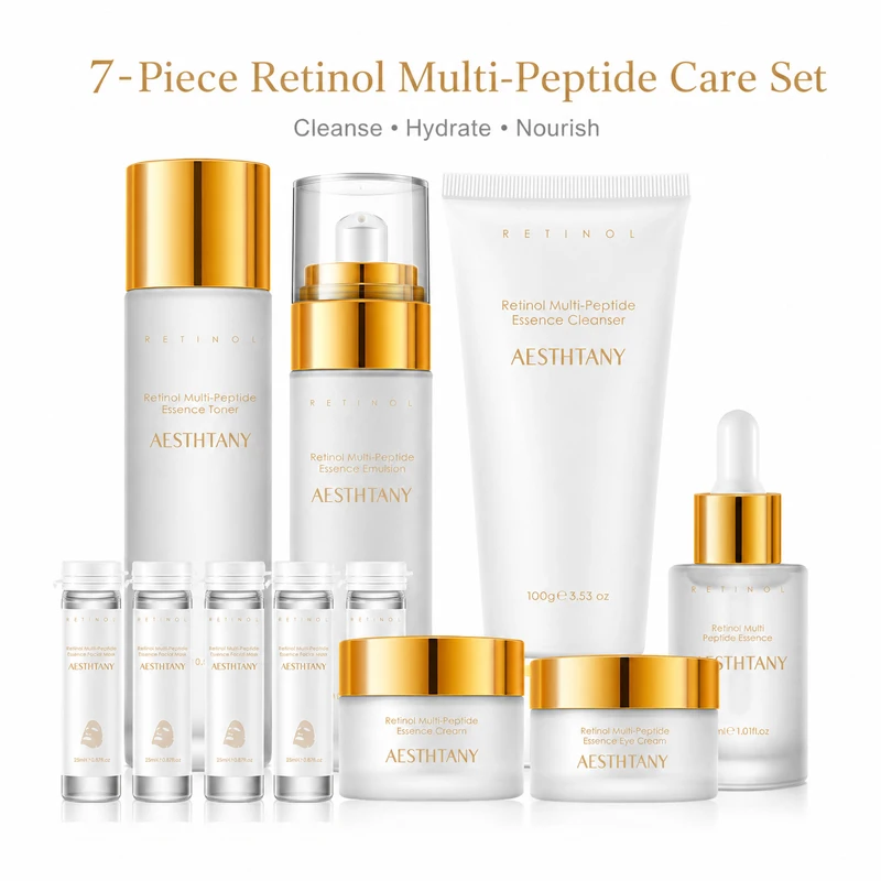 Set de Cuidado Facial con Retinol y Múltiples Péptidos, 7 Piezas, Rutina Hidratante, Caja de Regalo, Tónico, Limpiador, Esencia, Crema, Mascarilla para una Piel Suave y Radiante