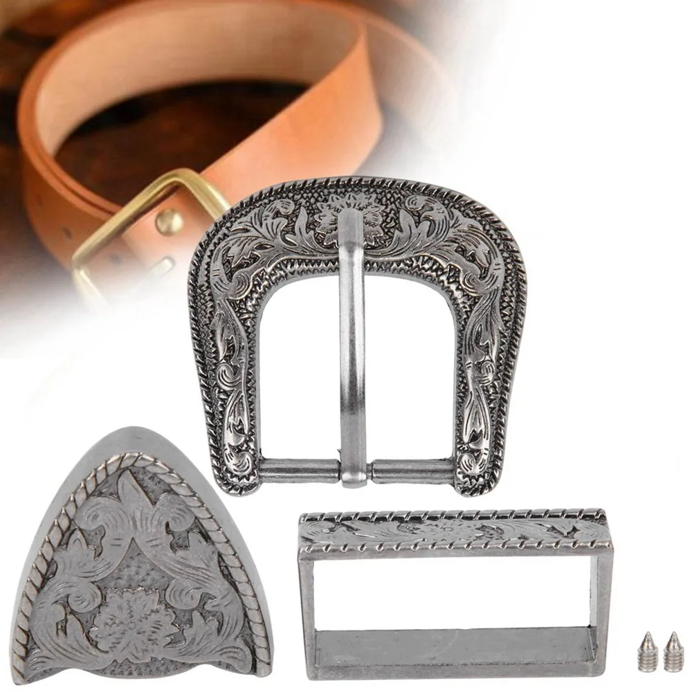 Vintage Style Cowboy Belt Buckle Antique Silver 3 Module Set Alloy Waist Buckle Carving Design 40mm Inner Diameter