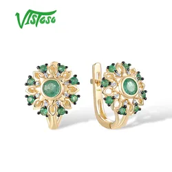 VISTOSO Genuine 14K 585 Yellow Gold Earrings For Women Sparkling Emerald And Diamond Daily Round Shape Handmade Fine Jewelry