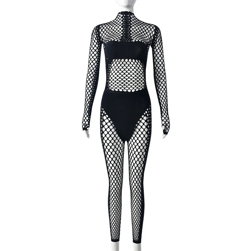 Sexy Fishing Net Style Stretch Jumpsuit Women Nightclub Party Long Sleeve Rompers Summer Female Slim Fit Pencil Long Pants 2024