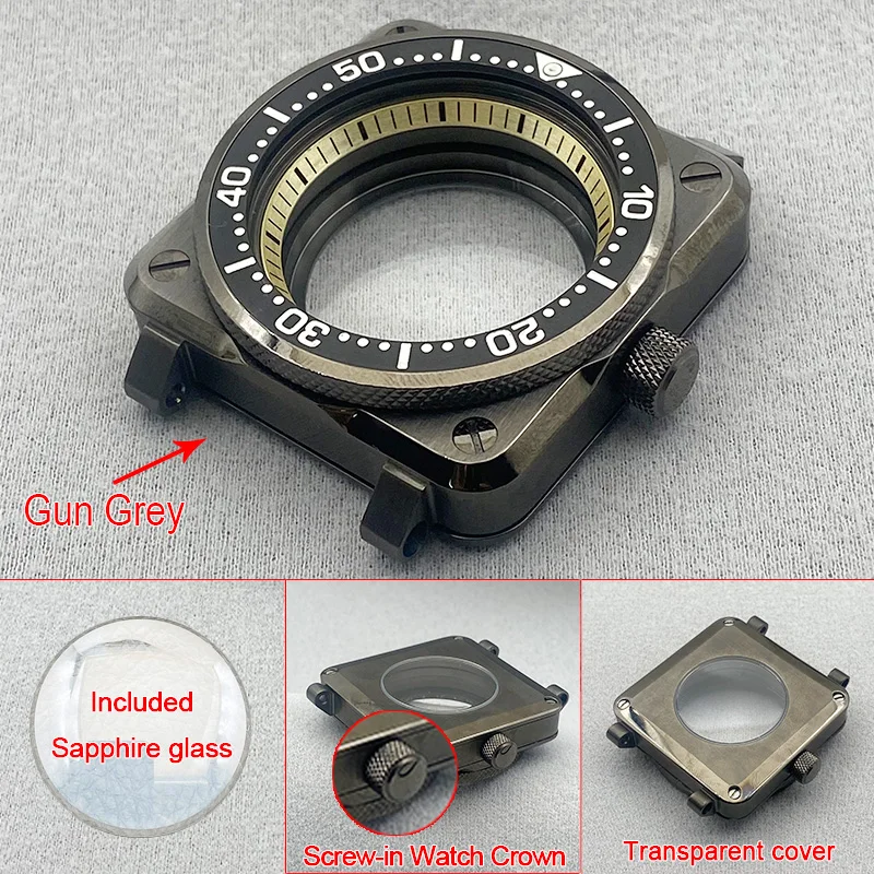 

42 мм Mod Gun Grey SKX007 Квадратный корпус для часов Подходит для 7S 4R NH35 NH36 Механизм SKX007 SRPD Пилоты Кокпит Замените корпус по индивидуальному заказу