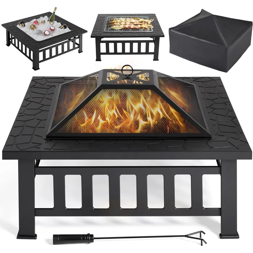 

Outdoor Square Steel Fire Pit Table, 34 Inches, with Waterproof Cover and Mesh Screen for Patio Use