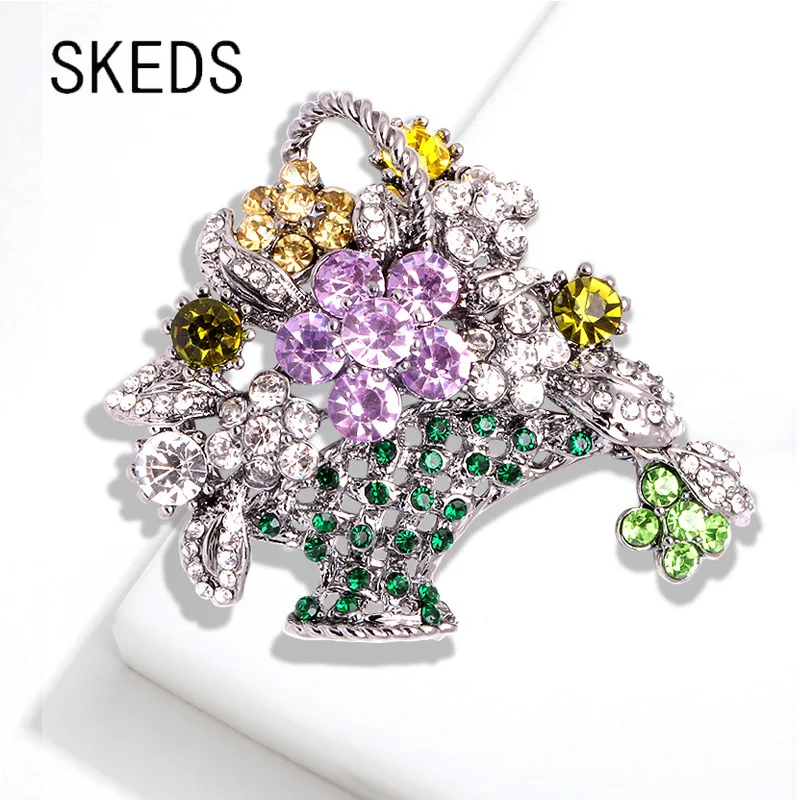 SKEDS Luxury Vintage Colorful Crystal Basket Brooches For Women Flower Plant Rhinestone Badges Bouquet Brooch Pin Party Corsage