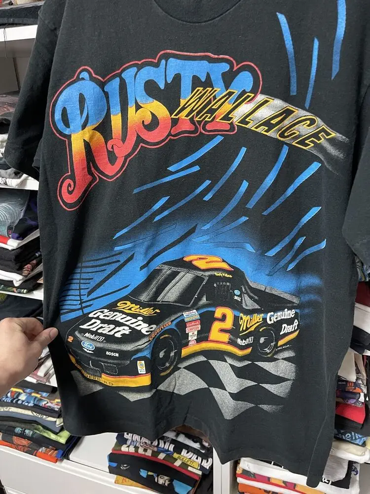 Vtg Rusty Wallace T-Shirt Mens CL All Over Black Kickin Asphalt Racing USA 90s