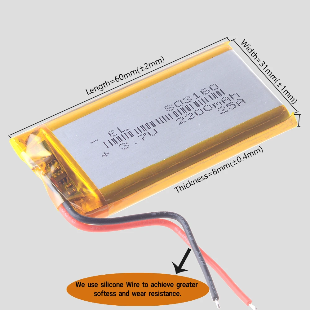 5Pcs/Lot Silicone Wires 3.7V 2200mAh 803160 Polymer Lithium LiPo Rechargeable Battery