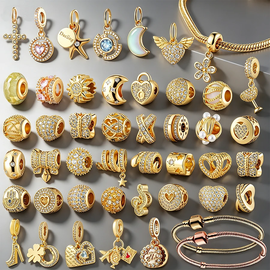 

Gold Plated Charms Fit Original Silver Bracelet Necklace DIY Jewelry Making Star Moon Cross Heart Pendant Beads for Women Gift