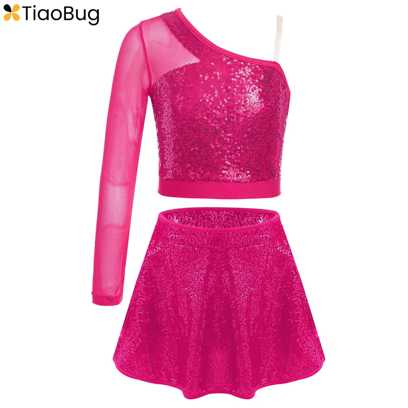 

Kids Girls Jazz Latin Dance Costume Sheer Mesh One Shoulder Side Zipper Crop Top and Sequins Skirts Stage Performance Dancewear