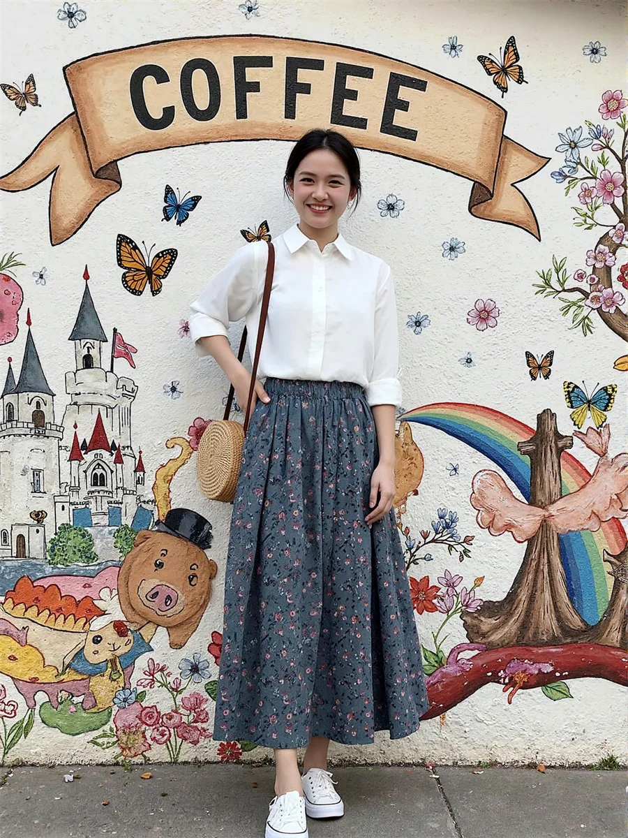 กระโปรงลายดอกไม้สไตล์มิดิสำหรับผู้หญิง แต่งระบายจีบ ผ้าต่อลูกไม้ แต่งเชือกผูก ดีไซน์ศิลปะทันสมัยเก๋ไก๋ แต่งผ้าตาข่ายซ้อนชั้น ดีไซน์หวาน