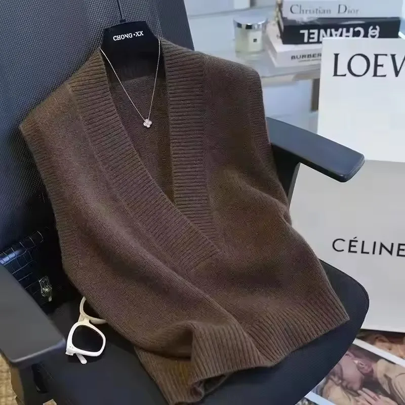 

Новинка 2025, осенне-зимние топы без рукавов, женский пуловер с v-образным вырезом, вязаный свитер, жилет, однотонный модный тонкий женский жилет