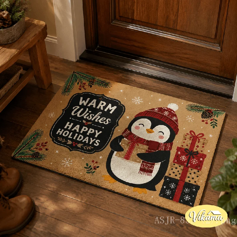 Cute Christmas Penguin Doormat, Non-Slip Easy-to-Clean Entry Rug, Festive Holiday Decorative Mat, Winter Xmas Home Decor Gift