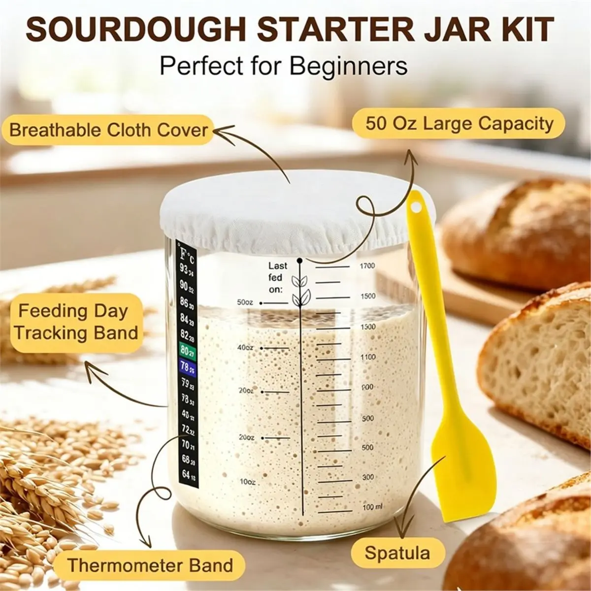 Home Tool Sourdough Jar, 50 Oz Large Sourdough Jar with Time Keeper, , Wide Mouth Glass Sourdough Kit