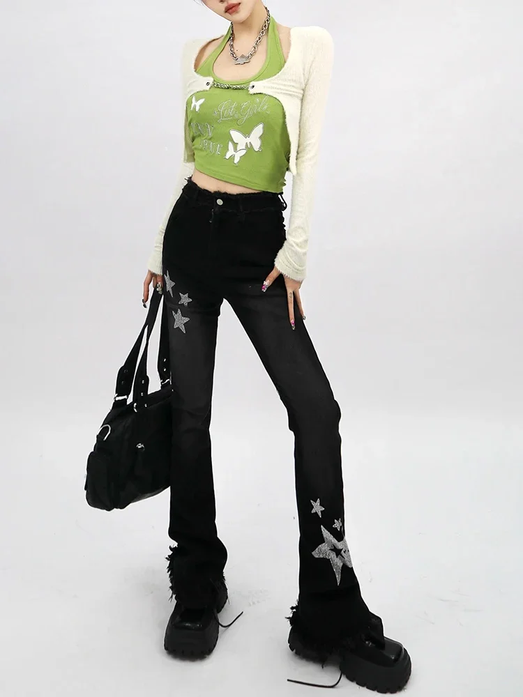 IMU Punk Black Slight Flare Long Baggy Jeans Women Spring New Design Star Diamonds Stamping Rip Goth Slim Mopping Denim Pants Ca