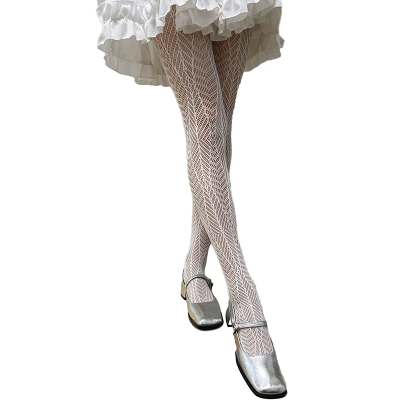 Women Japanese Elegant Lace Pantyhose Geometric Texture Fishnet Tights Stockings