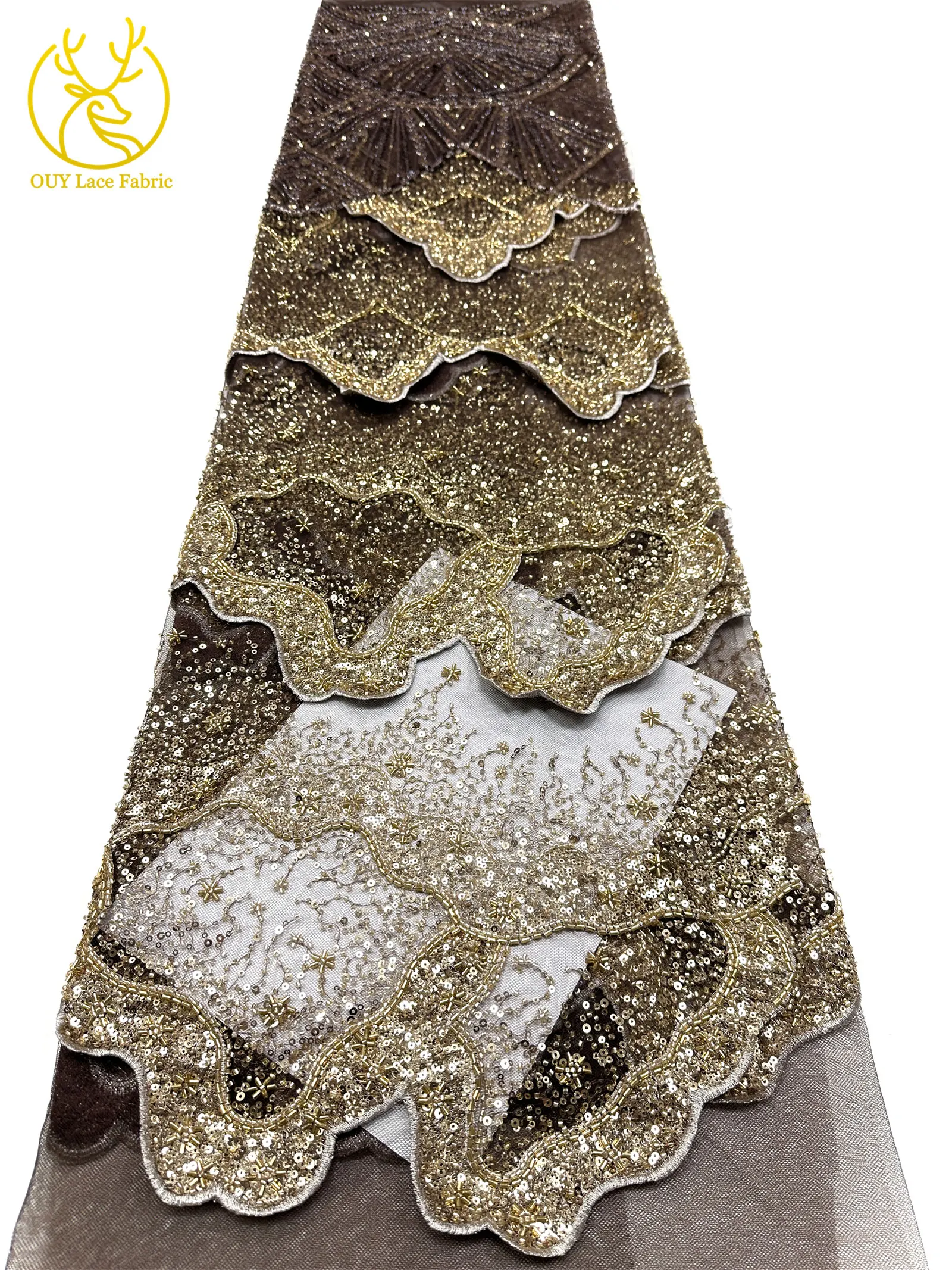 Goldene luxuriöse nigerianische 3D handgefertigte DIY-Stickerei-Spitze, afrikanische Perlen-Pailletten-Spitze für Damen, Hochzeitskleid, Partykleid, zum Nähen – Detail 14