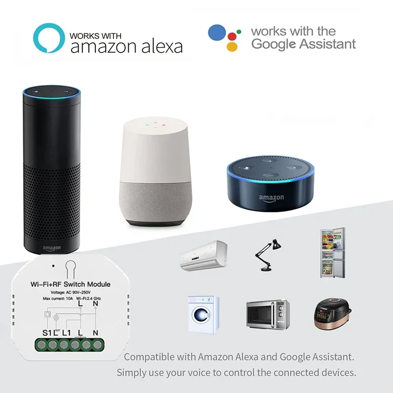 WiFi + RF433 1 Gang 1/2 Way relé inteligente Mini módulo de interruptor DIY, Control remoto por aplicación Smart Life Tuya, funciona con Alexa Google Home