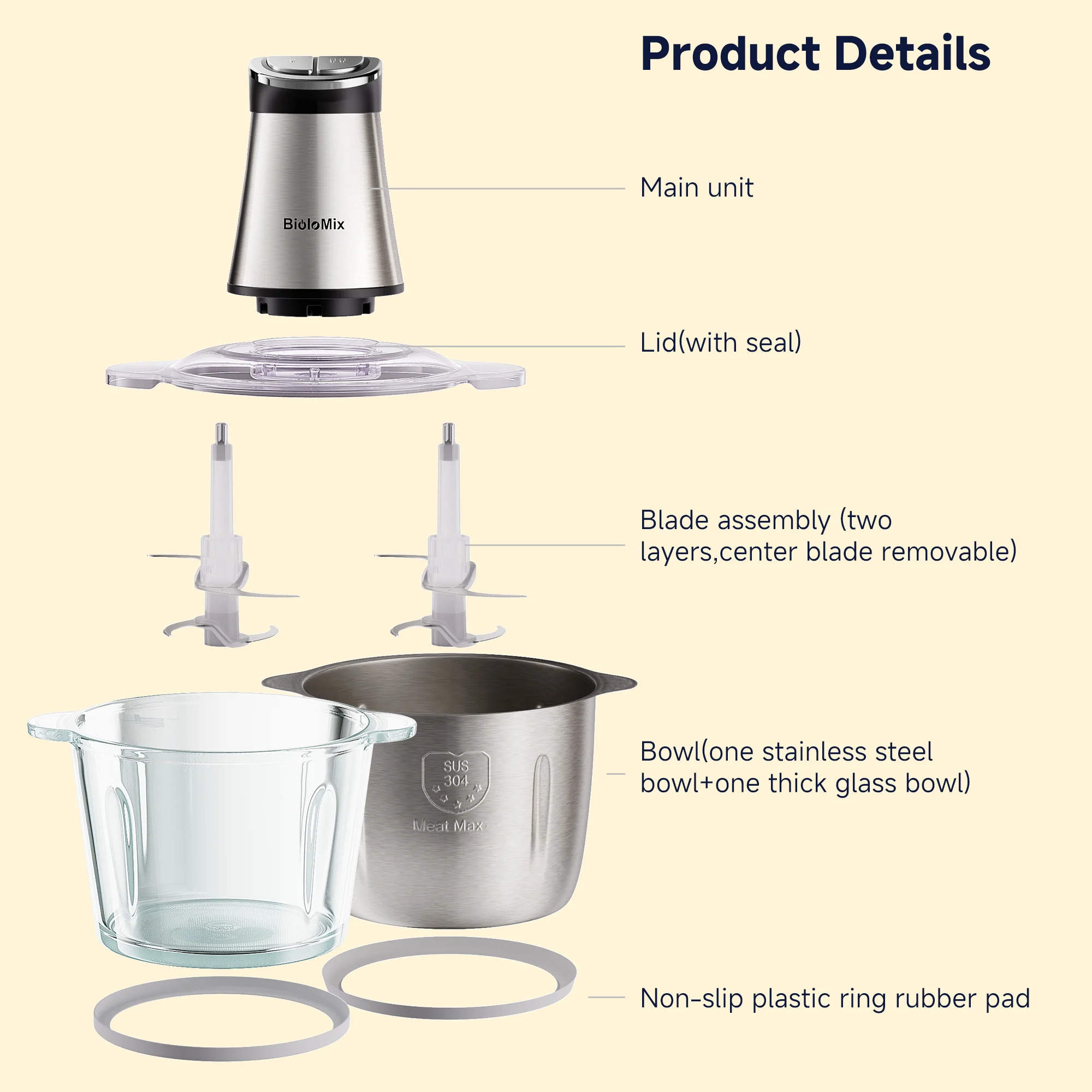 300W Mini Electric Food Chopper Food Processors with 2 Bowls, 4 Bi-Level Blades, Meat Grinder for Baby Food