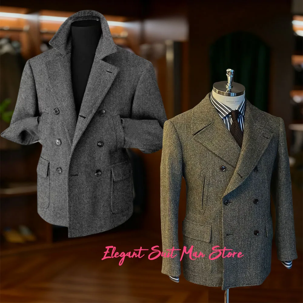 

Мужские классические твидовые охотничьи куртки с узором «елочка», блейзер с тремя пуговицами, спортивные пальто, полушерстяное повседневное короткое пальто с широким воротником