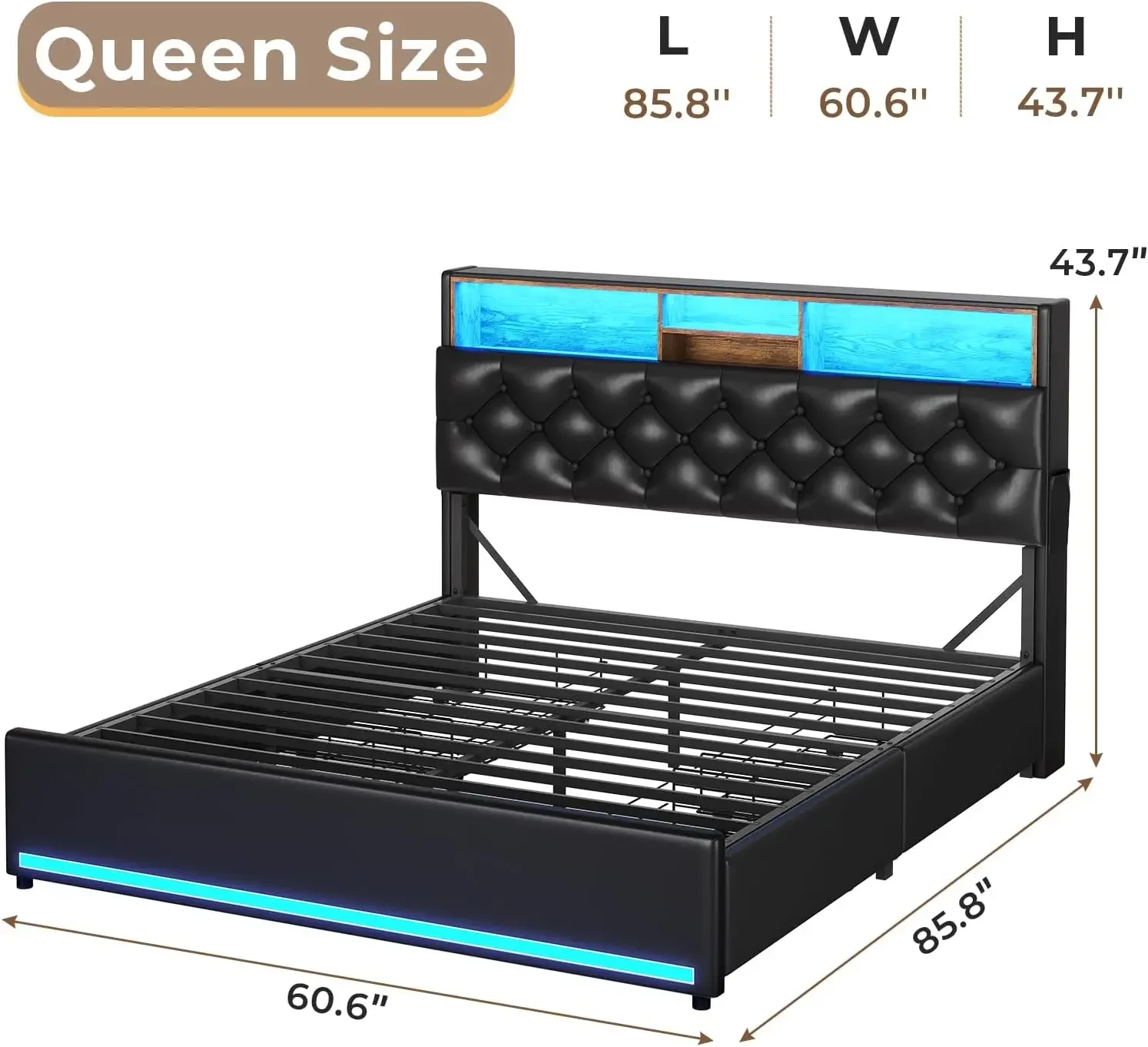 Queen Bed Frame with 3-Tier Headboard & Hidden Storage, Upholstered LED Bed Frame with 4 Drawers and Charging Station