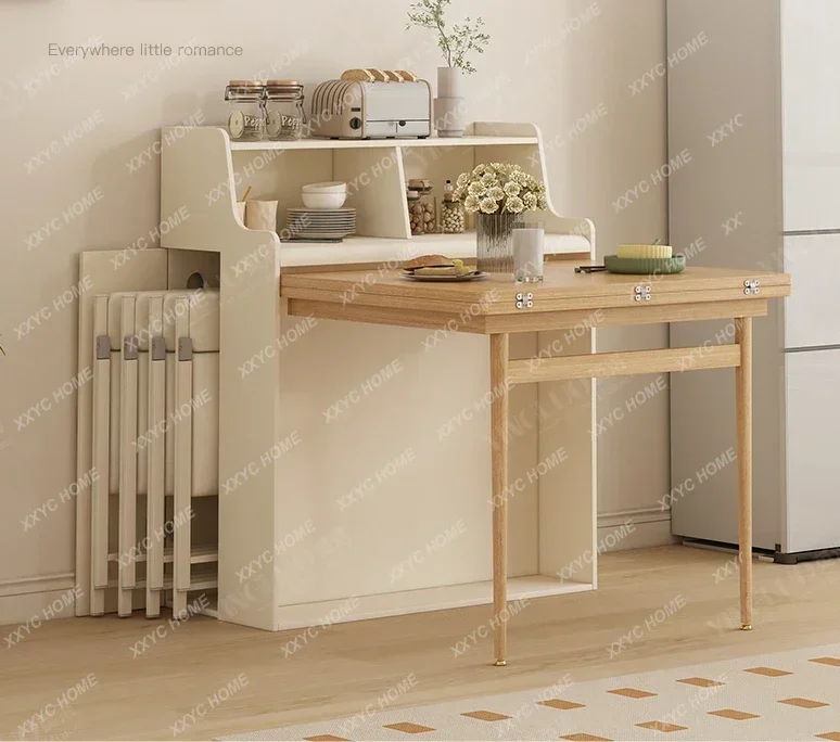 

Solid Wood Folding Dining Table and Chair Household Small Apartment Invisible Storage Living Room Wall Locker