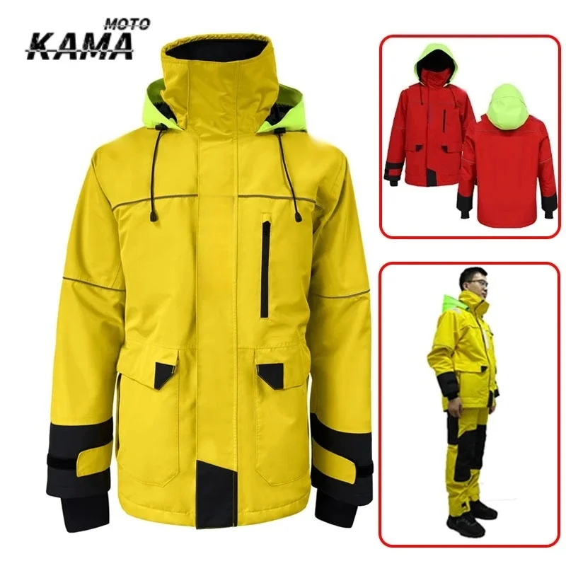 Outdoor Waterproof Hoodie Keep Warm Sailing Jacket Water Resistant and Windproof Nautical Suit with Reflective Stripes on Front