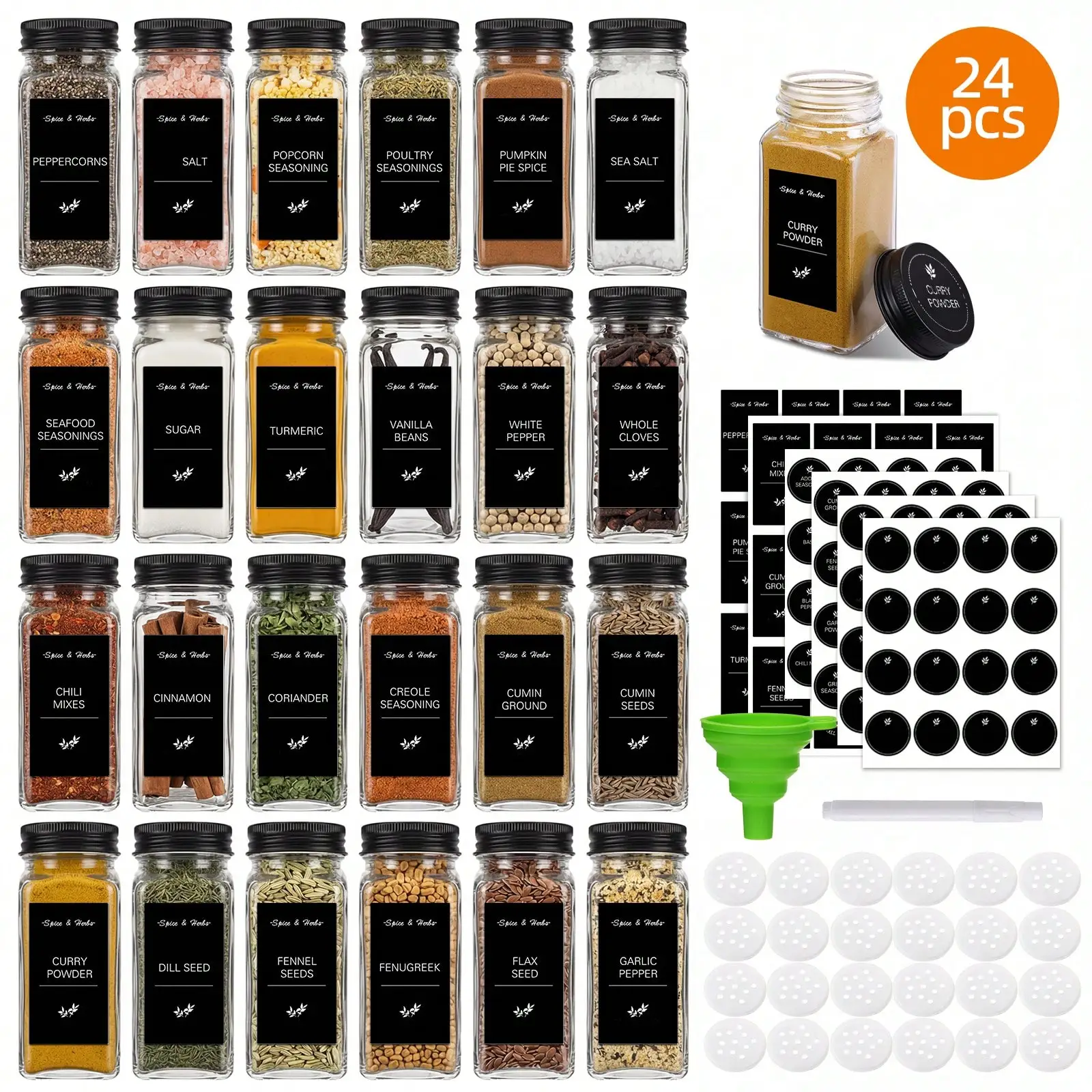 Spice Jar Labels - 16/24/48 Pcs Glass Spice Jars with