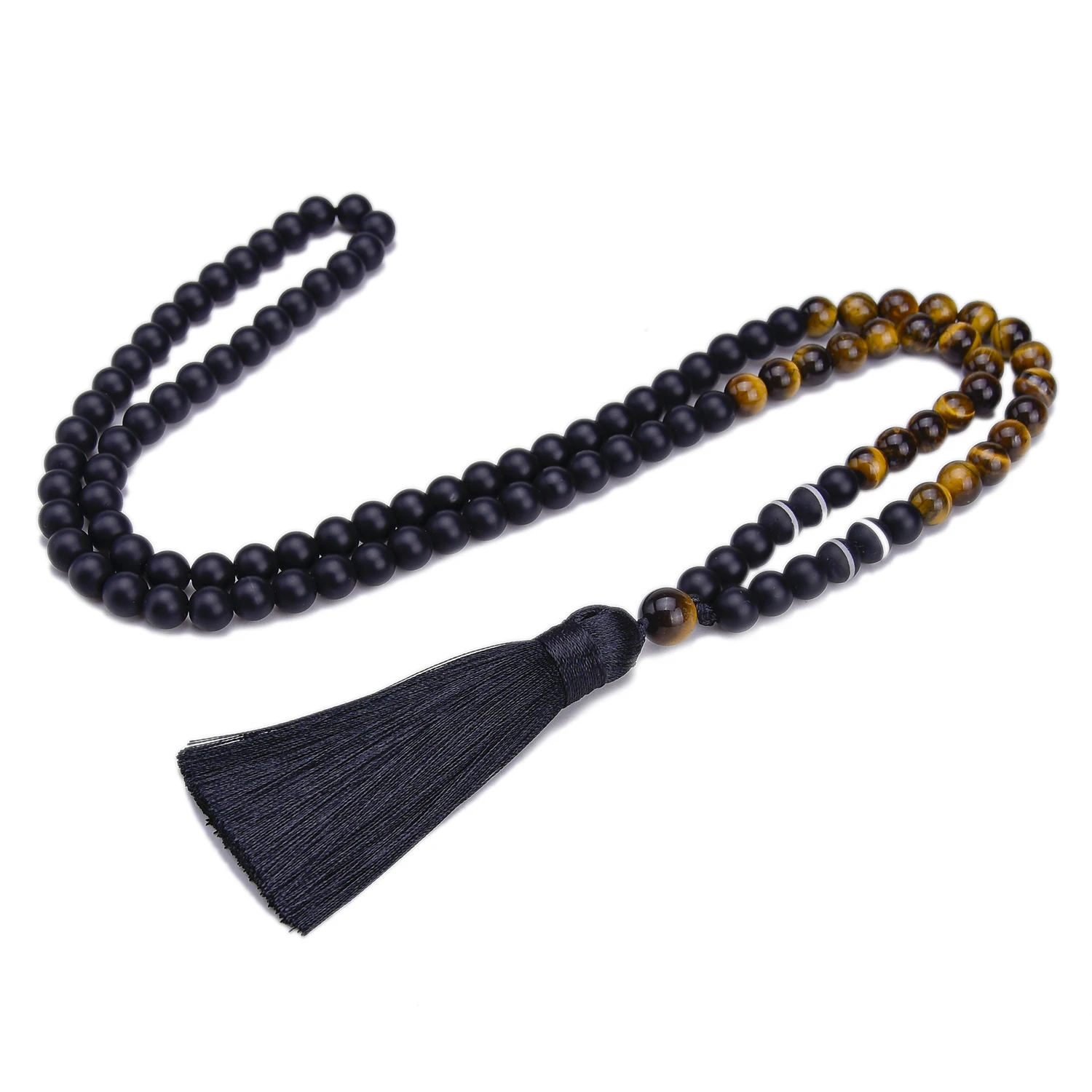 Stone Beads Mala Neckalce 8 MM Tiger Eyes 108 Japamala Necklace  Black Matte Onyx Meditation Yoga Jewelry Rosary Tassel Pendant