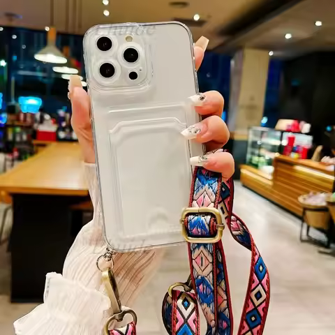 Vintage Strap Case For Samsung Galaxy S24 Ultra S23 FE S20 S22 S21 Plus A55 A35 Crossbody Lanyard Wallet Card Transparent Cover