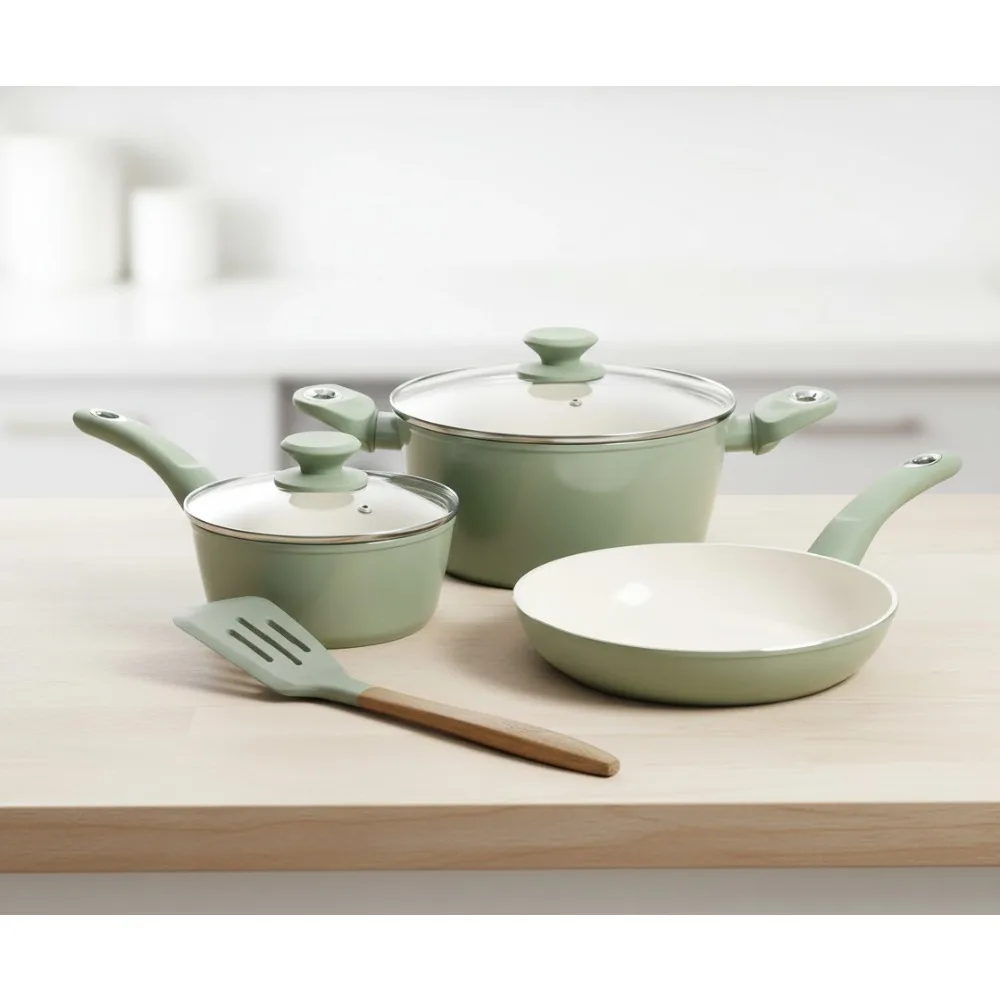 

7-Piece Ceramic Nonstick Cookware Set, Forged Aluminum, PFA-Free, Mint Green - Healthy Kitchen Essentials