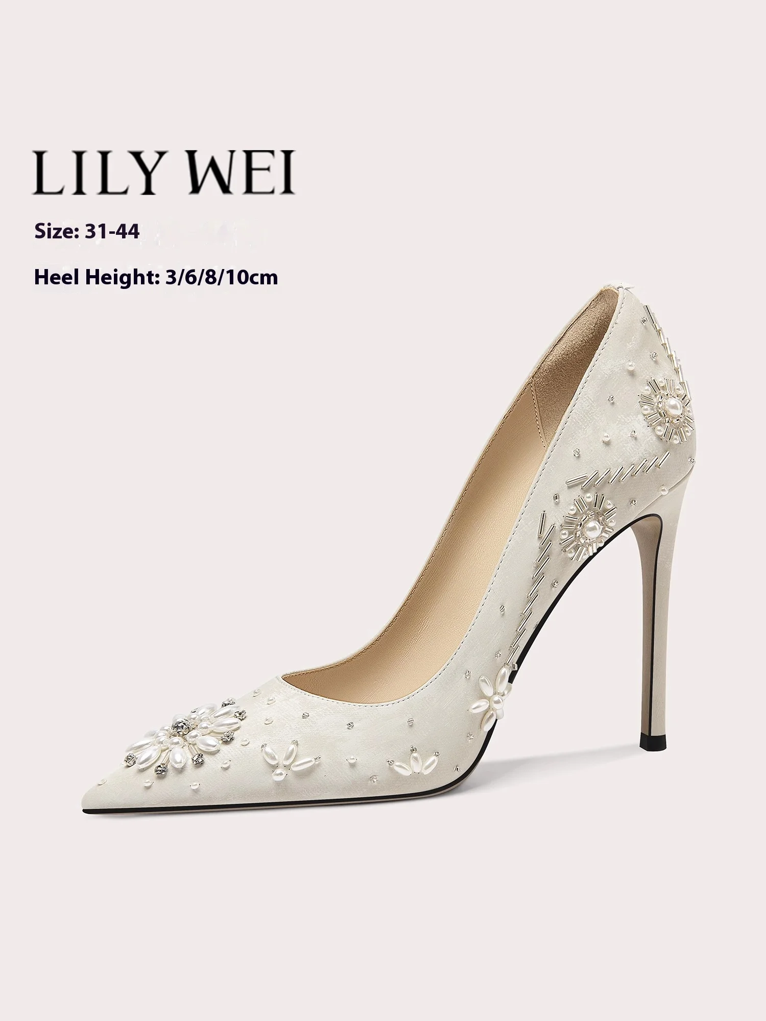 

Spring new shallow pearl rhinestone leather low-heeled wedding shoes thin high-heeled banquet large size small size women's shoe