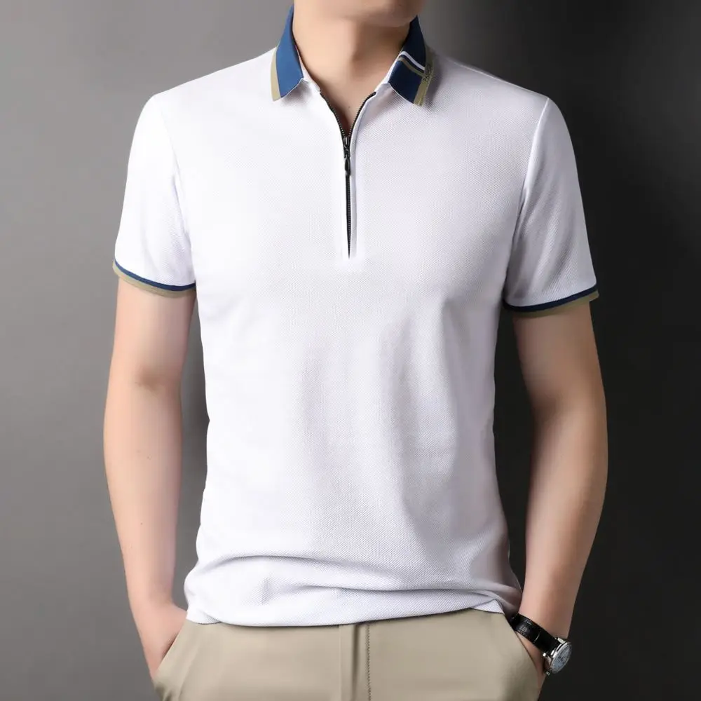 

COODRONY Summer Lapel Zippered Cotton Short Sleeve T-Shirt Men'S Business Casual Neckline Contrast Versatile Polo-Shirt R5041