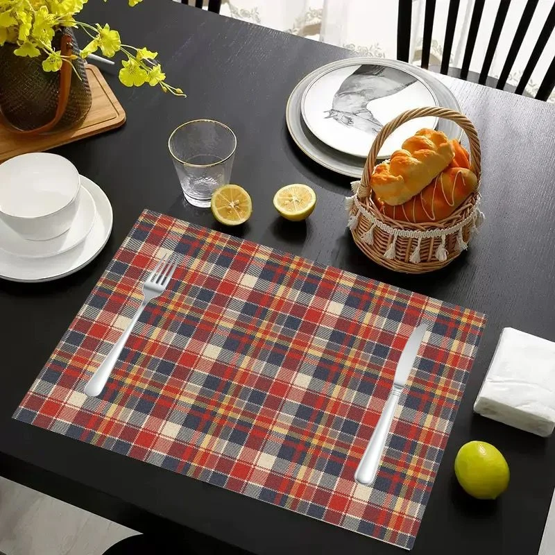 VIKAMA Classic Red Brown Tartan Placemats Retro Scottish Plaid Table Mat Waterproof Washable Farmhouse Dining Kitchen Decor