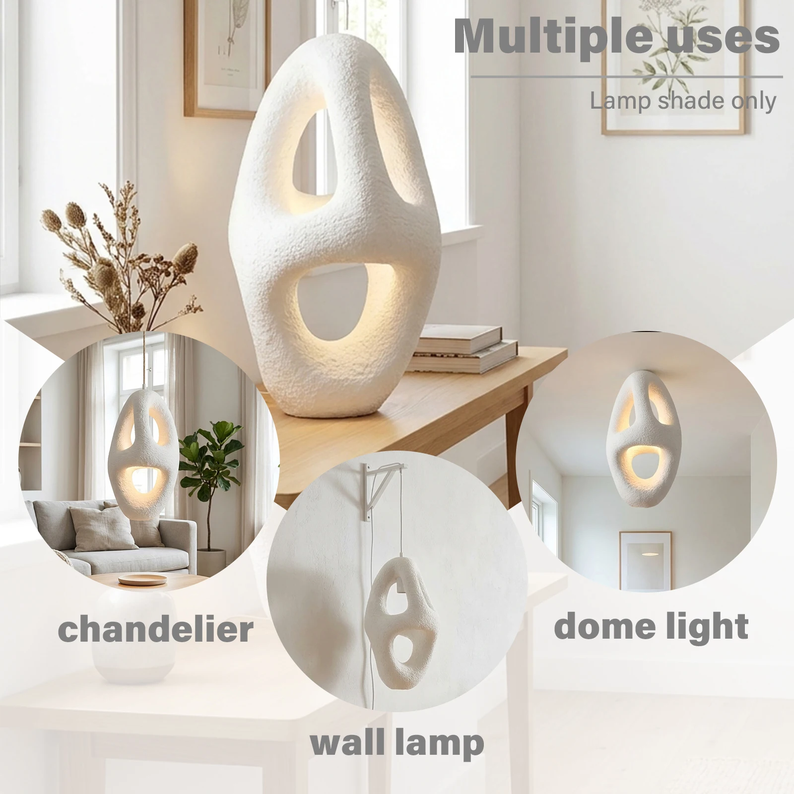 1 Pack Wabi Sabi Textured Pendant Shade, Hollow Oval Sculptural Hanging Lamp, White Resin for Dining Room Kitchen Island