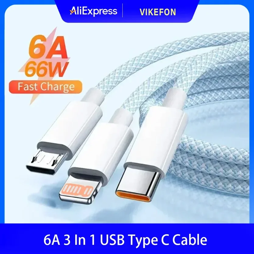 6A 3 In 1 Multi‑head USB Cable 66W Super Fast Charging Data Cord For Xiaomi Samsung iPhone 1.2M 2M 3M Mobile Phone Charging Wire