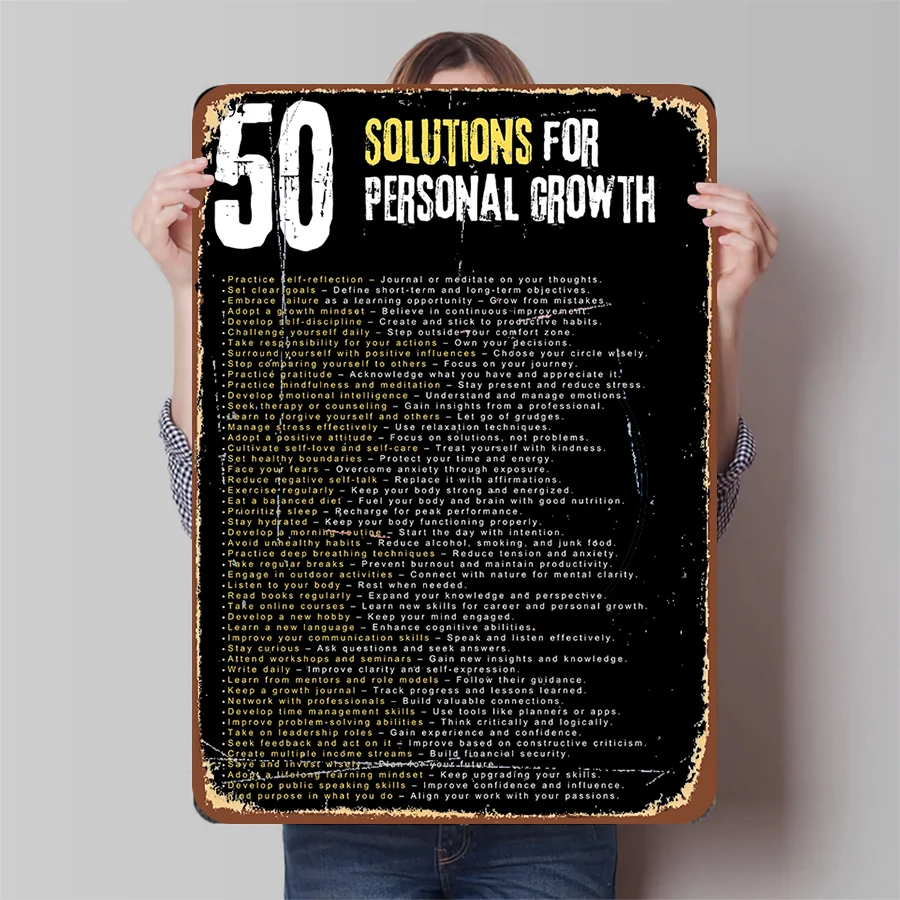 50 Solutions for Personal Growth Inspirational Metal Wall Art Home Office Decor Positive Quote Poster
