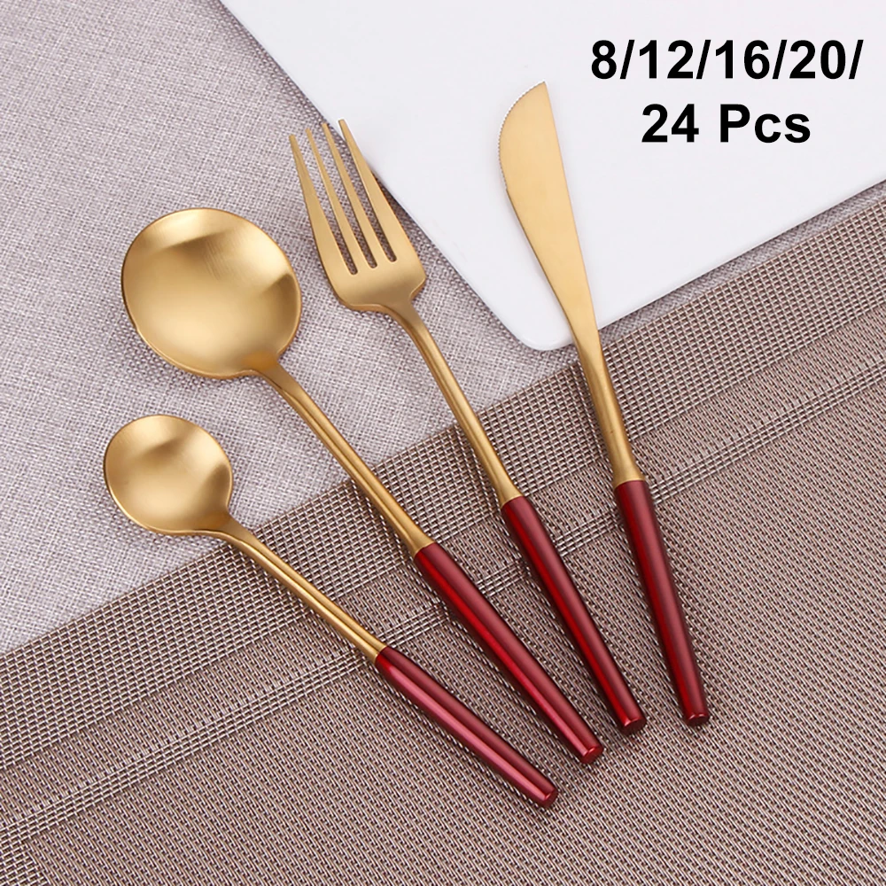 

8/12/16/20/24Pcs Cutlery Set Stainless Steel Gold Tableware Dinnerware Black Knife Spoon Fork Set Kitchen Utensils Sliverware