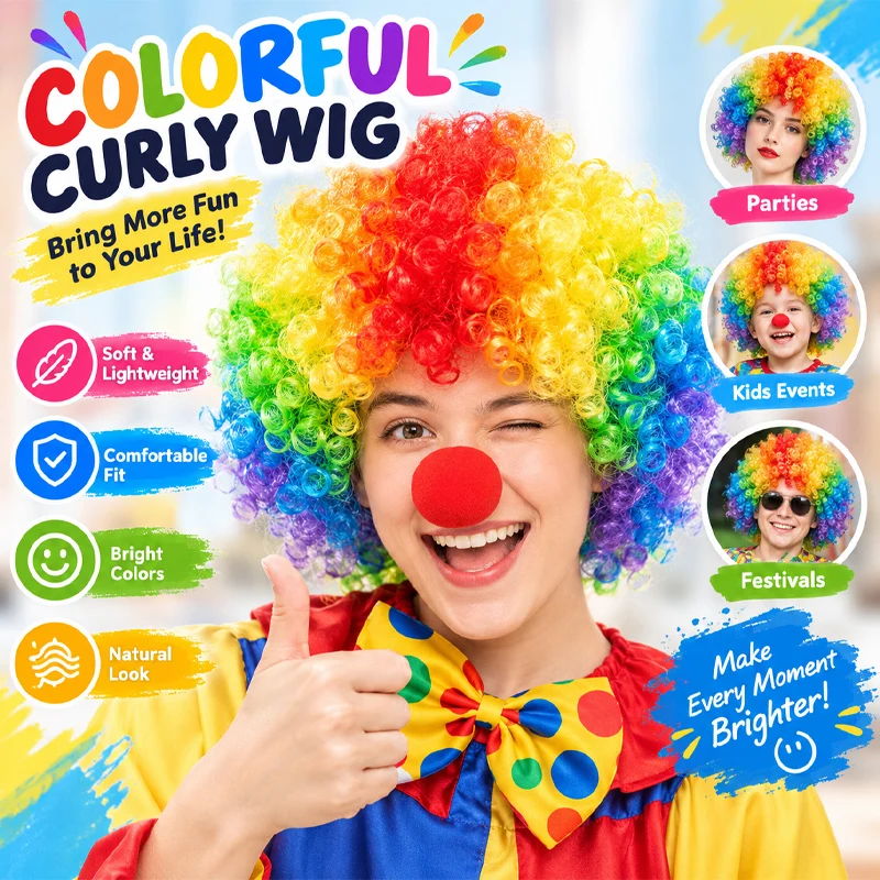 Rainbow Fluffy Curly Clown Wig with Nose Synthetic Cosplay Hairpiece for Christmas New Year Adult Birthday Party Funny Dress-Up