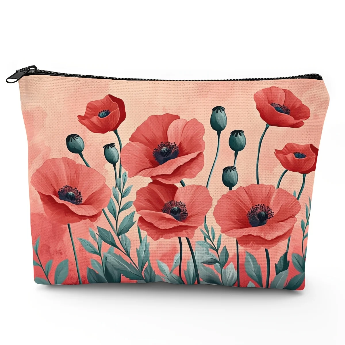 1 Stück rote Mohnblumen-Kosmetiktasche aus Polyester, tragbare Unisex-Tasche für Erwachsene mit Reißverschluss, geruchsneutrale Blumen-Aufbewahrungstasche