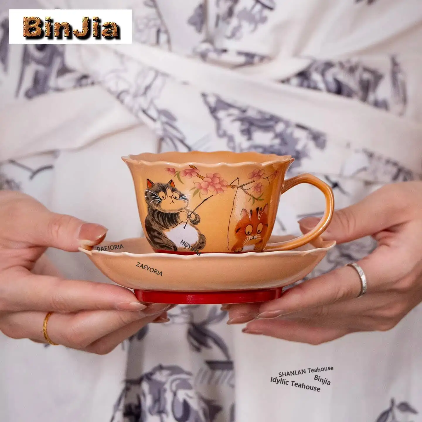 160ml Kitten Fishing Coffee Mug with Plate Kitchen Cup Afternoon Tea Mug Cup Saucer Kit Office Water Cup Drinkware Ornaments