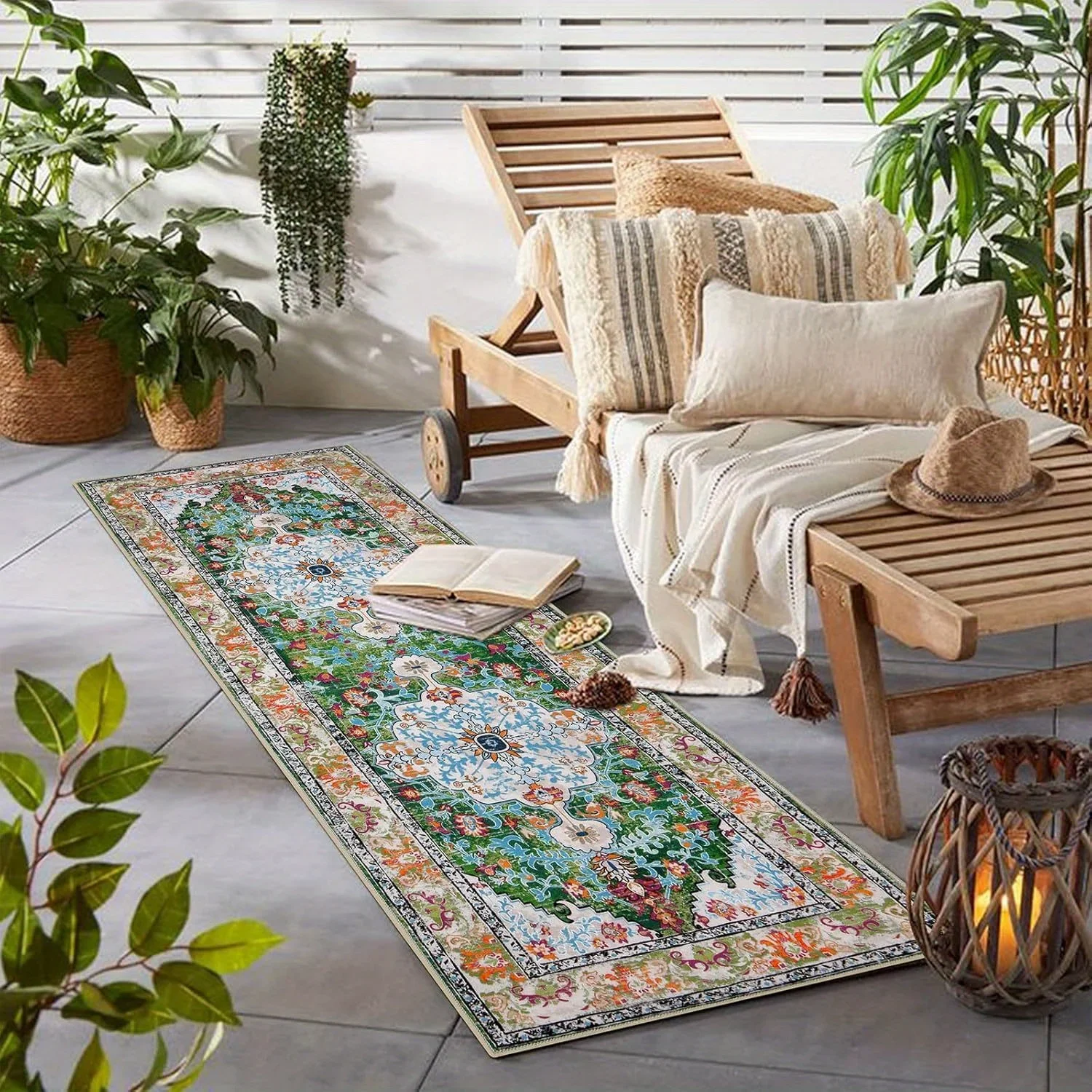 Bohemian Vintage Persian Floral Print Long Runner Rug, Green Blue Medallion Pattern Non-Slip Floor Mat for Hallway Entryway