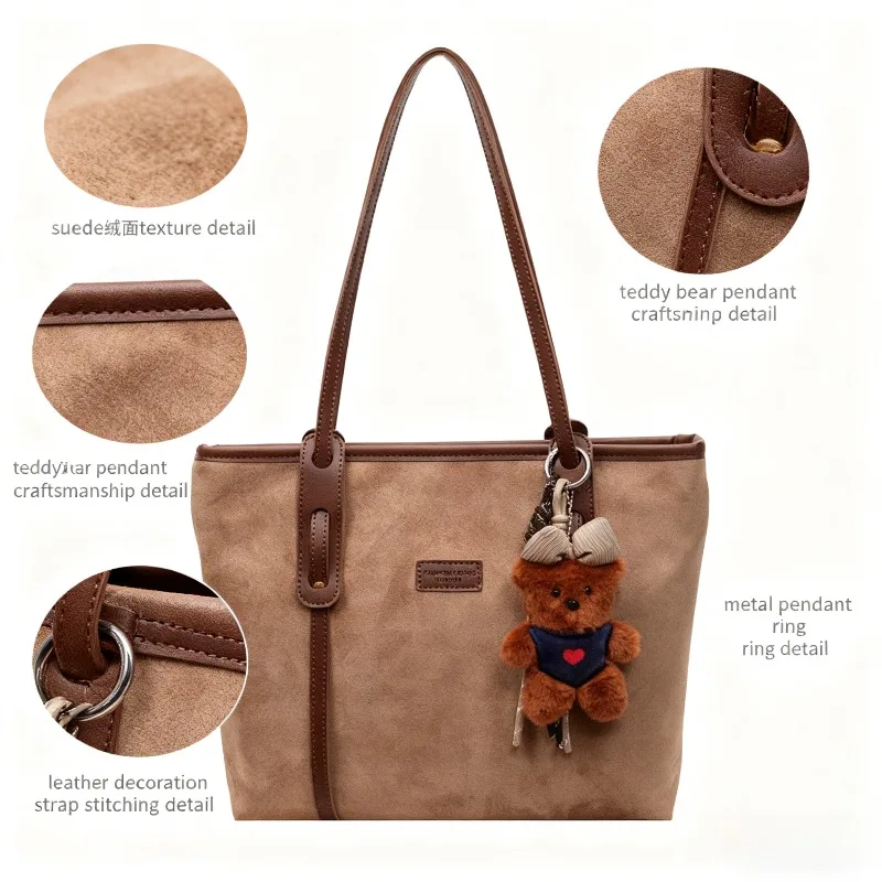 

Suede Tote Bag with Leather Straps Large Capacity Shoulder Bag Women's Casual Handbag for Work & Daily Wear