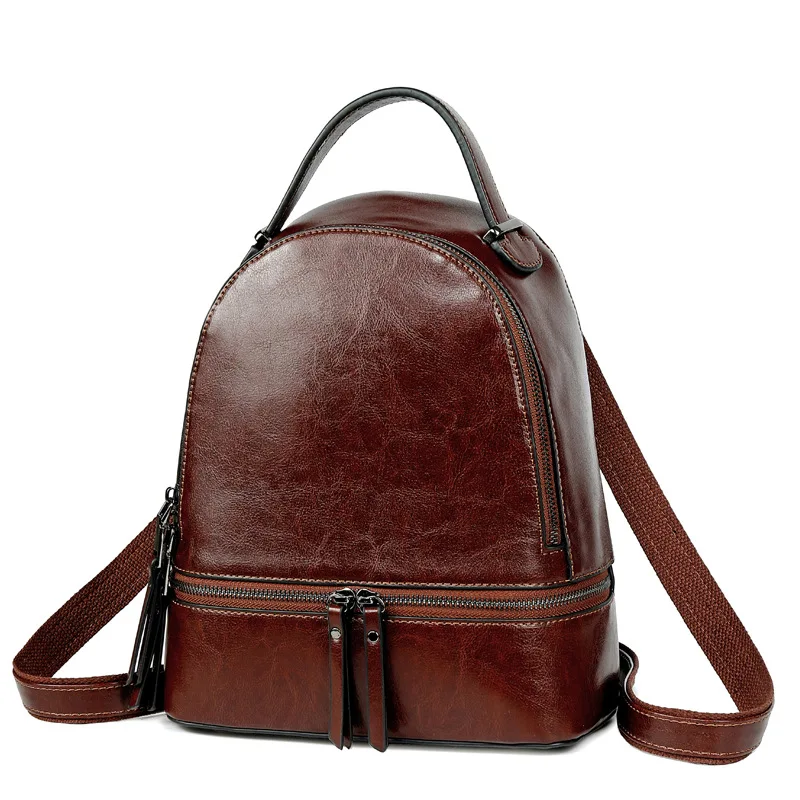 High Quality Women Oil Wax Cowhide Backpack Travel Knapsack Fashion Casual Design Genuine Leather Rucksack Girls School Daypack