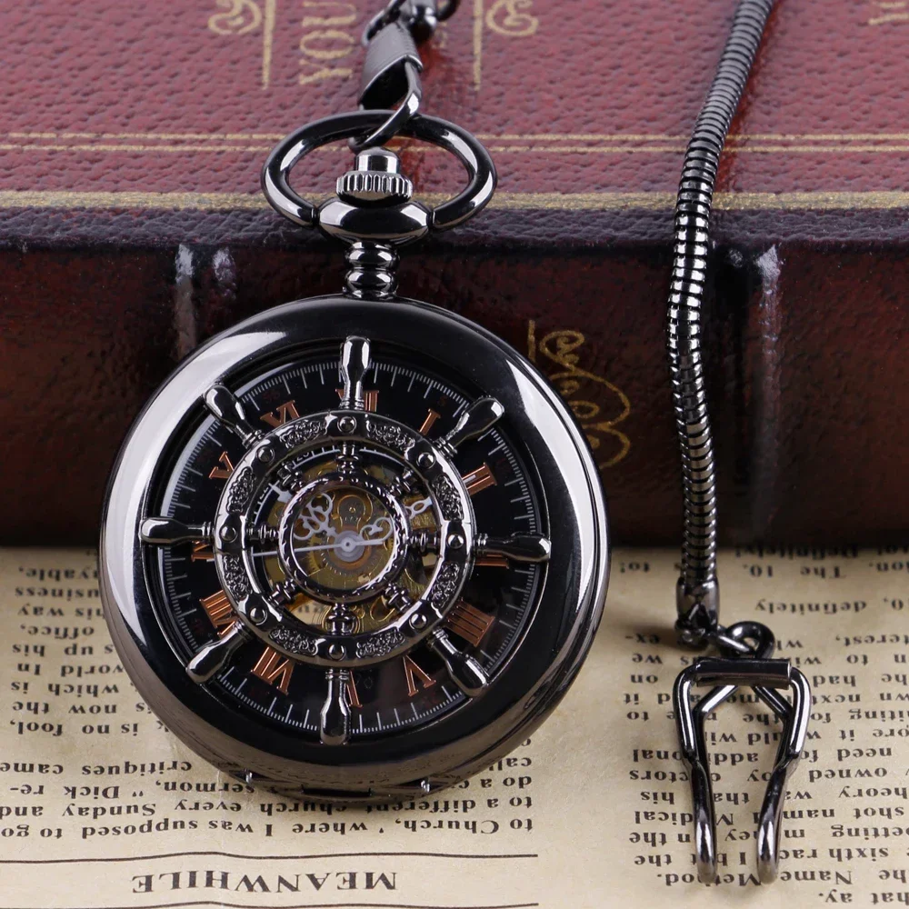 Black Skeleton Boat Rudder Mechanical Pocket Watch Half Hunter Pendant Antique Manual Hand Winding Pocket Clock Vintage Gifts